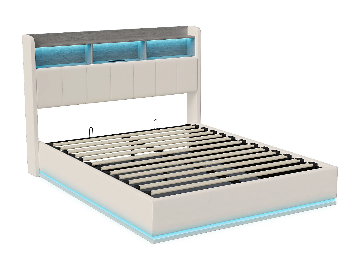 Łóżko podwójne 160x200 cm białe z hydraulicznym schowkiem, wbudowanym oświetleniem LED i stacją ładowania USB, nowoczesny design