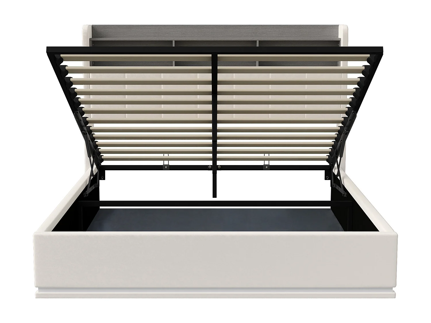 Łóżko podwójne 160x200 cm białe z hydraulicznym schowkiem, wbudowanym oświetleniem LED i stacją ładowania USB, nowoczesny design