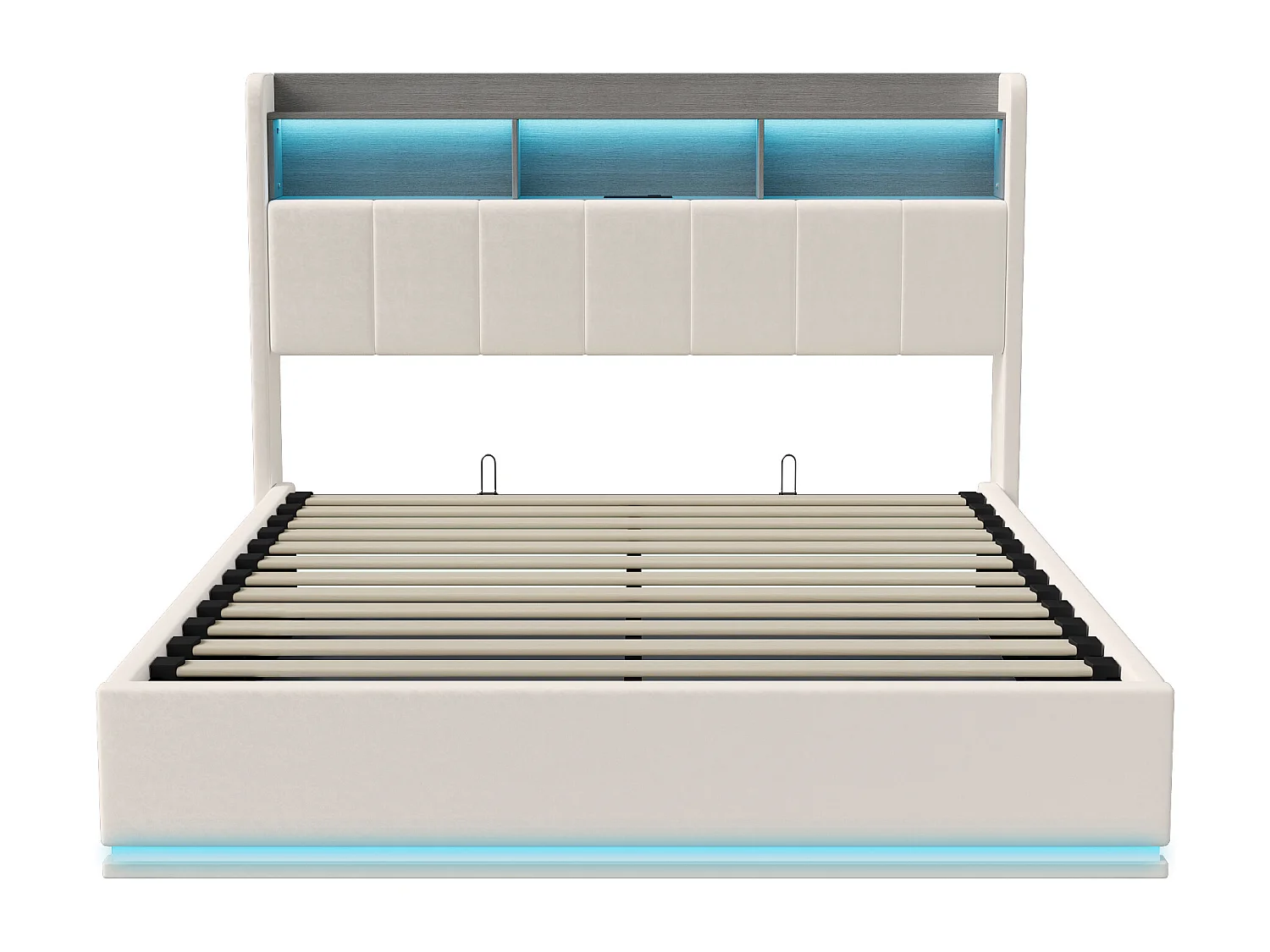 Łóżko podwójne 160x200 cm białe z hydraulicznym schowkiem, wbudowanym oświetleniem LED i stacją ładowania USB, nowoczesny design