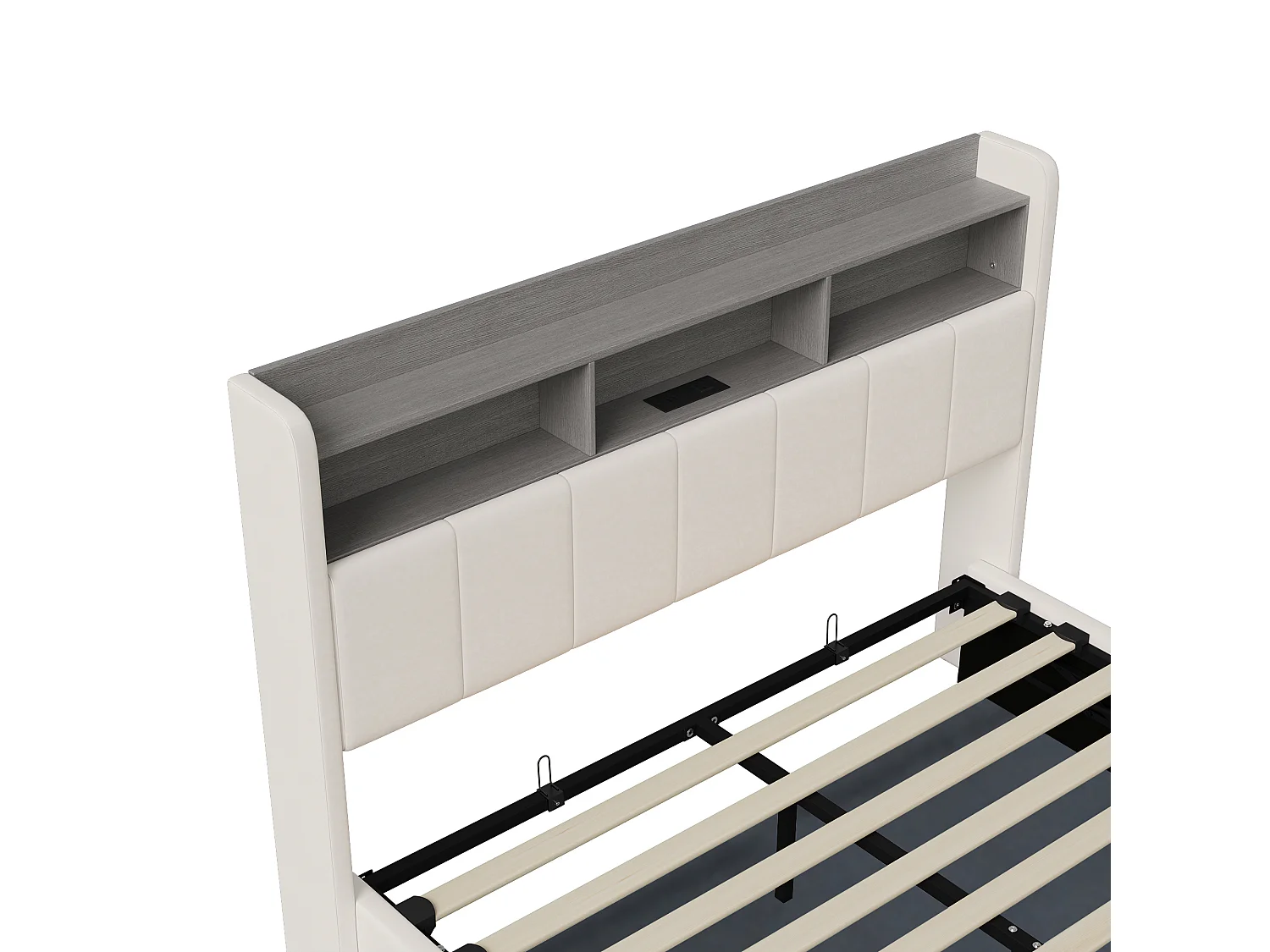 Łóżko podwójne 160x200 cm białe z hydraulicznym schowkiem, wbudowanym oświetleniem LED i stacją ładowania USB, nowoczesny design