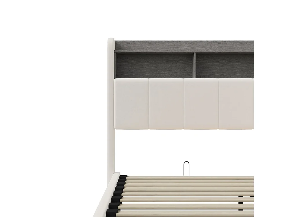 Łóżko podwójne 160x200 cm białe z hydraulicznym schowkiem, wbudowanym oświetleniem LED i stacją ładowania USB, nowoczesny design