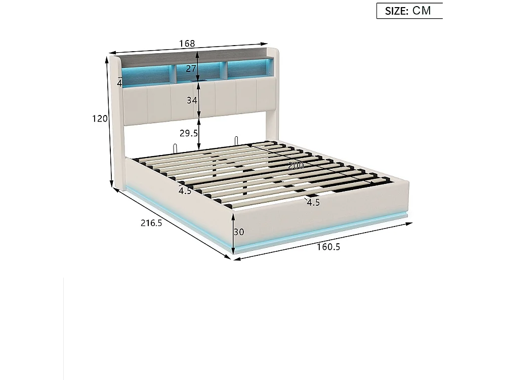 Łóżko podwójne 160x200 cm białe z hydraulicznym schowkiem, wbudowanym oświetleniem LED i stacją ładowania USB, nowoczesny design