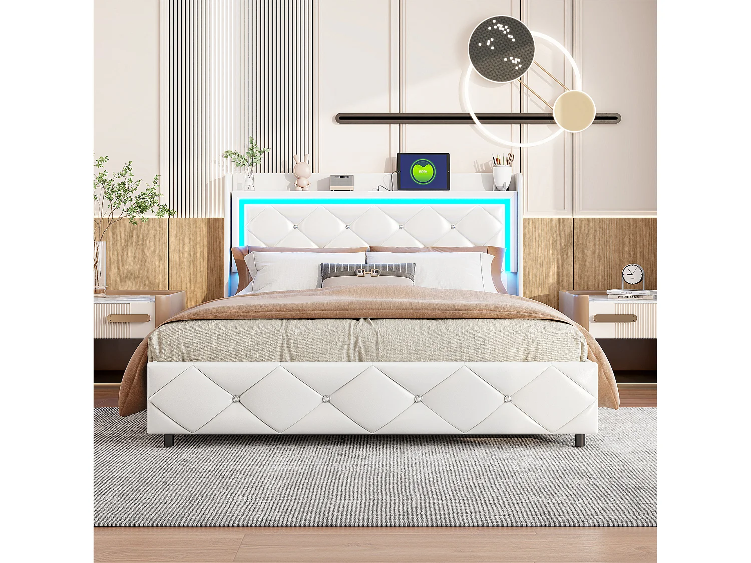 160x200cm PU lit de stockage hydraulique blanc - lit rembourré avec port USB et éclairage LED - cadre de lit moderne dans la chambre à coucher