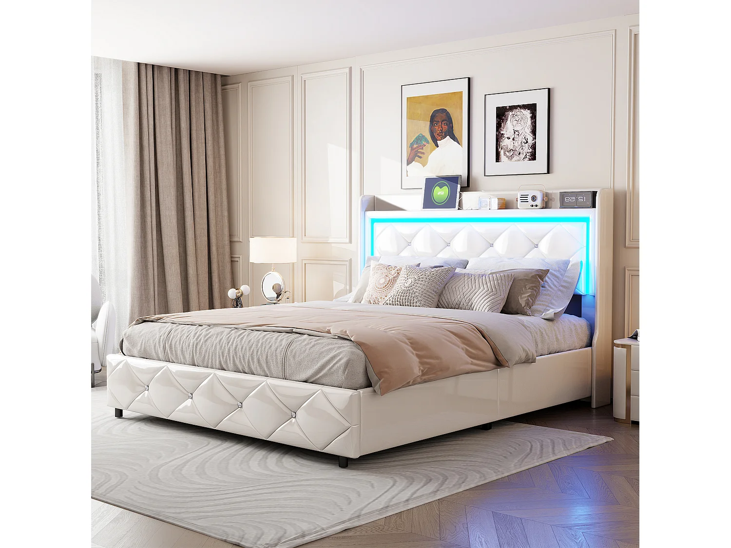 160x200cm PU lit de stockage hydraulique blanc - lit rembourré avec port USB et éclairage LED - cadre de lit moderne dans la chambre à coucher