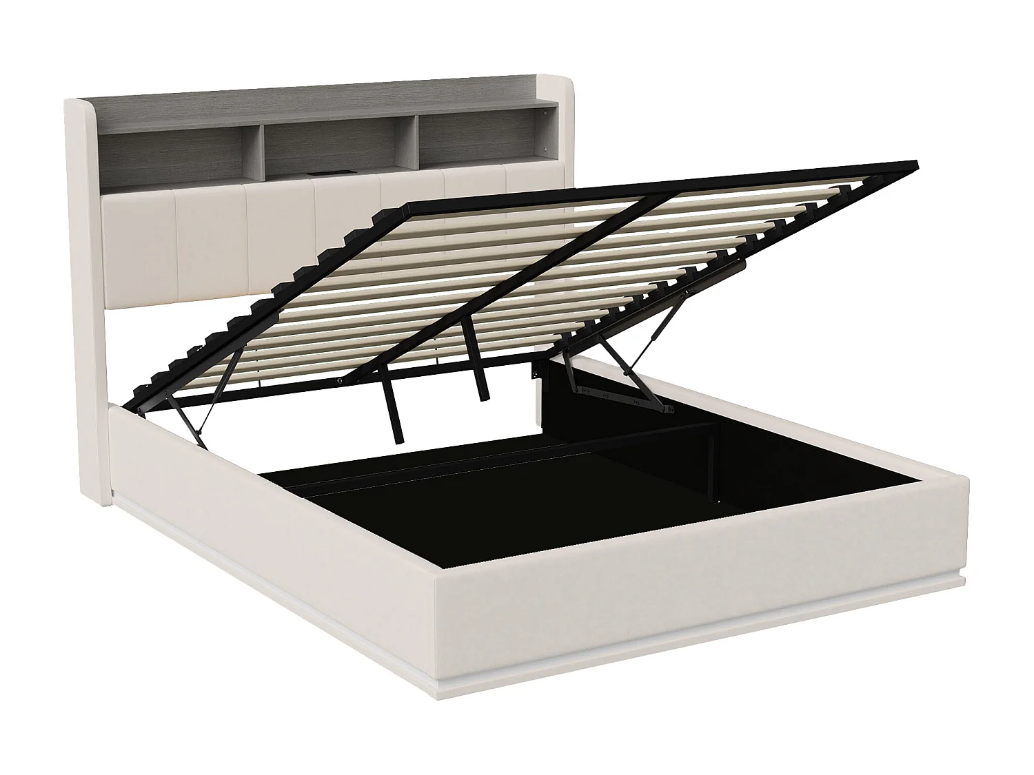 140x190cm,Lit hydraulique - Lit double rembourré - Cabinet de compartiment de stockage avec LED et station de charge USB - Cadre de lit blanc