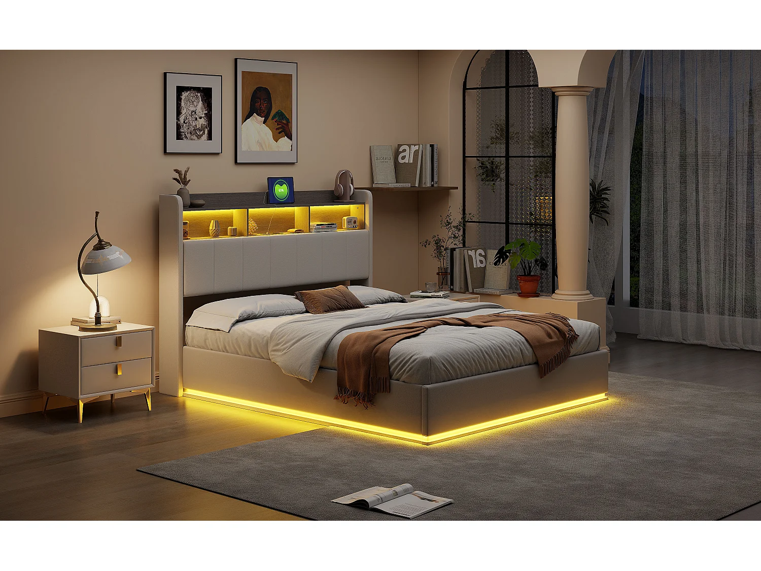 Lit coffre hydraulique 140 x 190 cm avec têtière coffre, éclairage LED décoratif et ports USB intégrés - tissu velours - blanc
