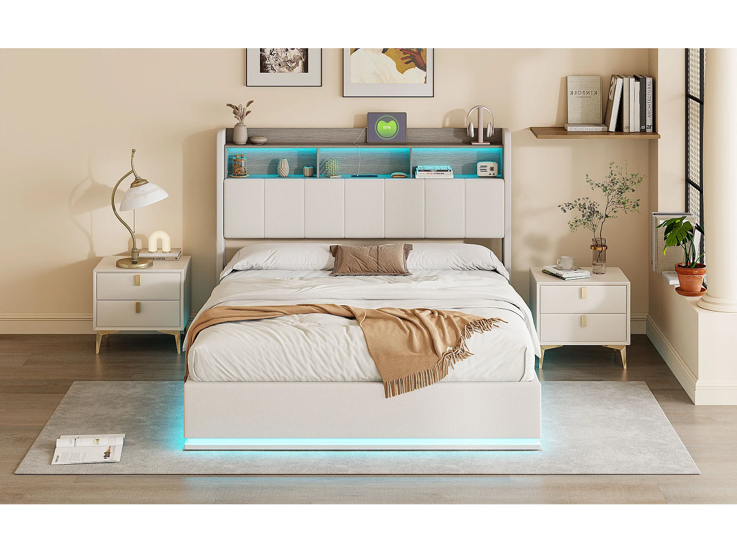 Lit coffre hydraulique 140 x 190 cm avec têtière coffre, éclairage LED décoratif et ports USB intégrés - tissu velours - blanc