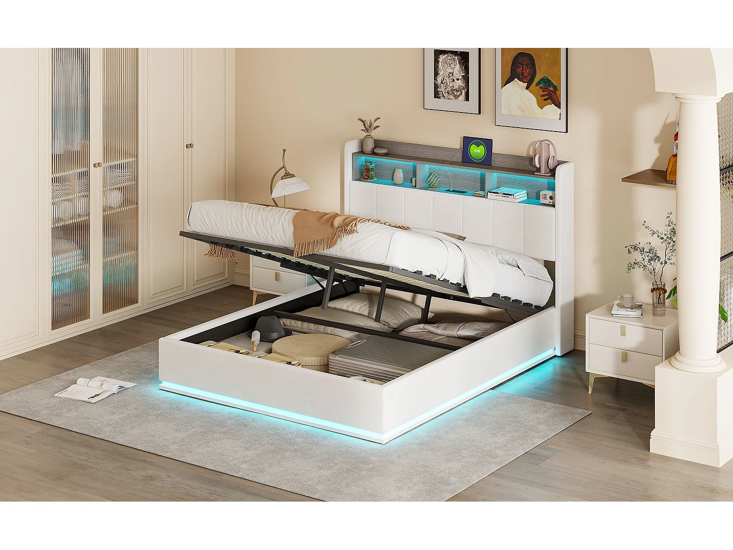 Lit coffre hydraulique 140 x 190 cm avec têtière coffre, éclairage LED décoratif et ports USB intégrés - tissu velours - blanc