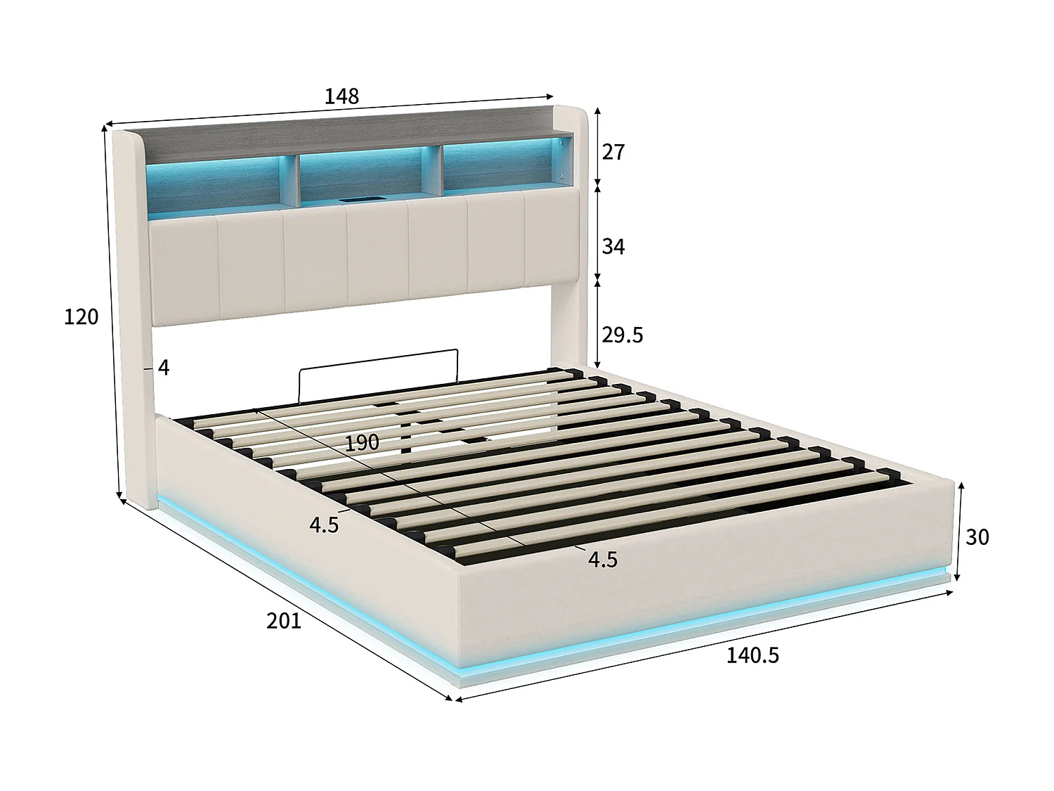 Lit coffre hydraulique 140 x 190 cm avec têtière coffre, éclairage LED décoratif et ports USB intégrés - tissu velours - blanc