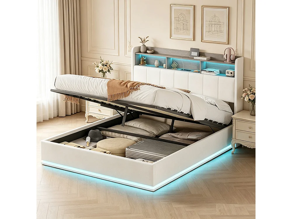 Lit rembourré 140 x 190 cm - Lit de rangement avec LED et USB - Lit double hydraulique avec tête et base à lames - Sans matelas -Velvet - blanc