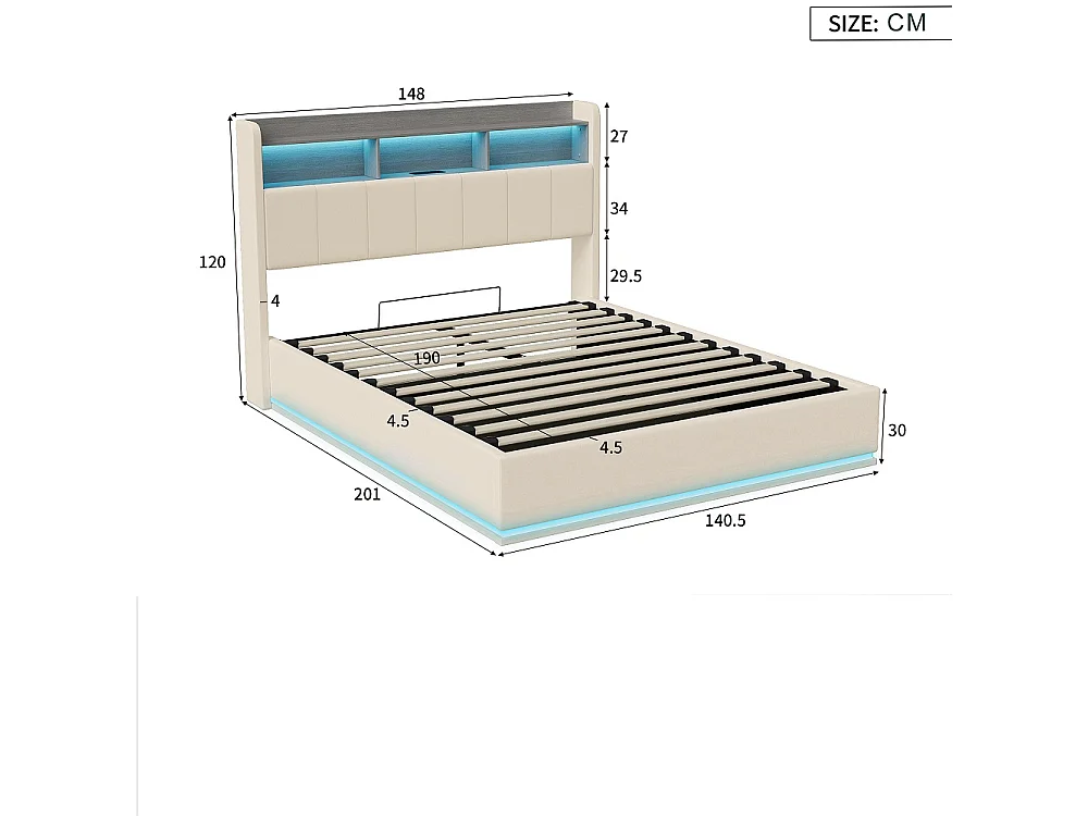 Lit rembourré 140 x 190 cm - Lit de rangement avec LED et USB - Lit double hydraulique avec tête et base à lames - Sans matelas -Velvet - blanc