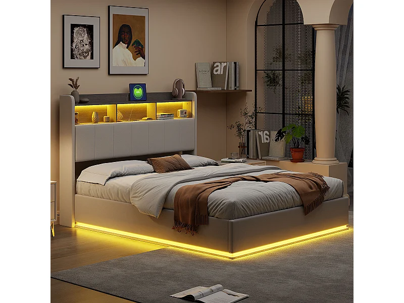 140x190cm,Lit hydraulique - Lit double rembourré - Cabinet de compartiment de stockage avec LED et station de charge USB - Cadre de lit blanc