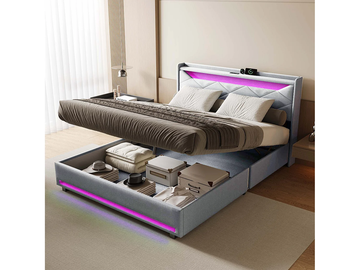 Lit rembourré en linge de 140 × 200cm - lit poitrine avec stockage hydraulique - cadre de lit double avec bande LED RVB et port de charge USB