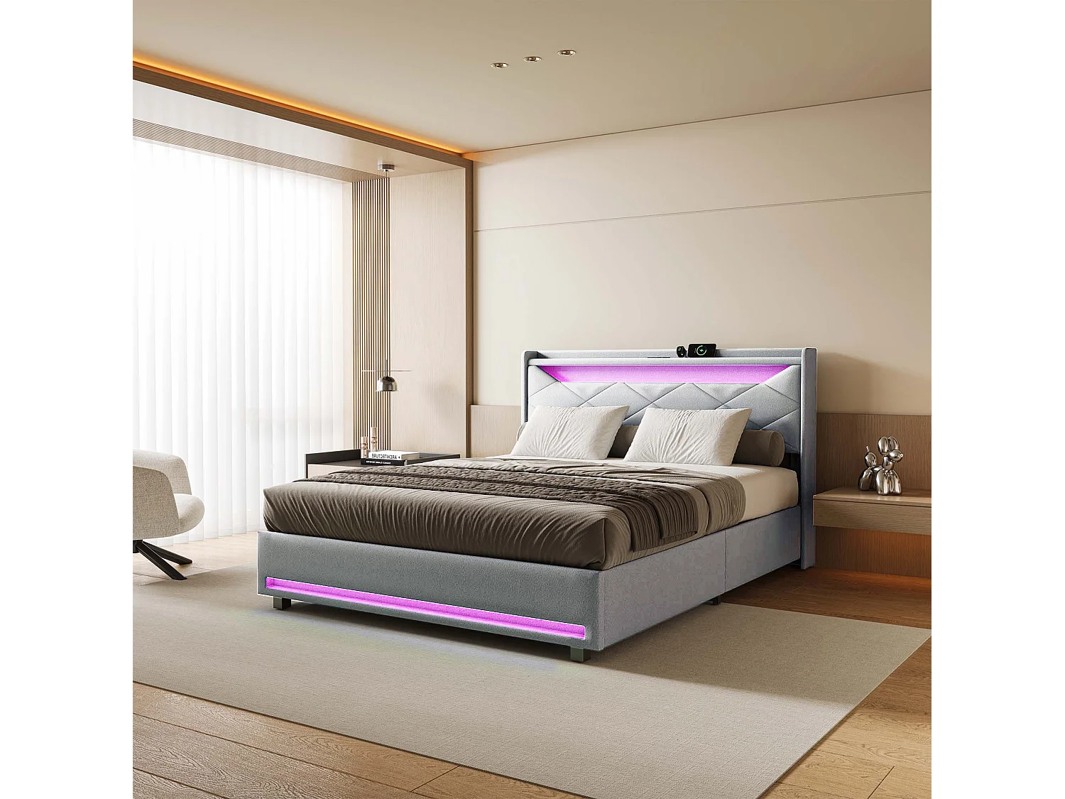 Lit rembourré en linge de 140 × 200cm - lit poitrine avec stockage hydraulique - cadre de lit double avec bande LED RVB et port de charge USB