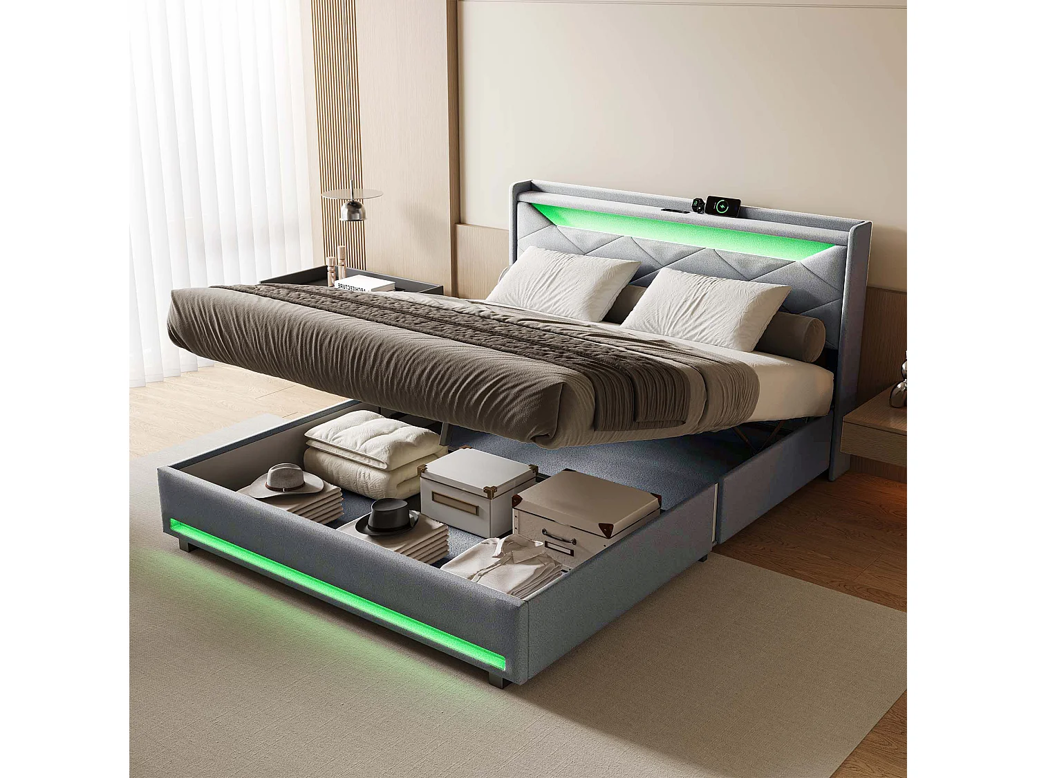 Lit rembourré en linge de 140 × 200cm - lit poitrine avec stockage hydraulique - cadre de lit double avec bande LED RVB et port de charge USB