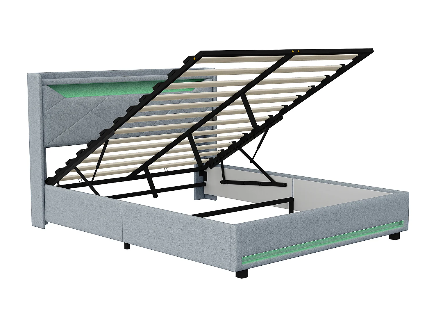 Lit rembourré en linge de 140 × 200cm - lit poitrine avec stockage hydraulique - cadre de lit double avec bande LED RVB et port de charge USB