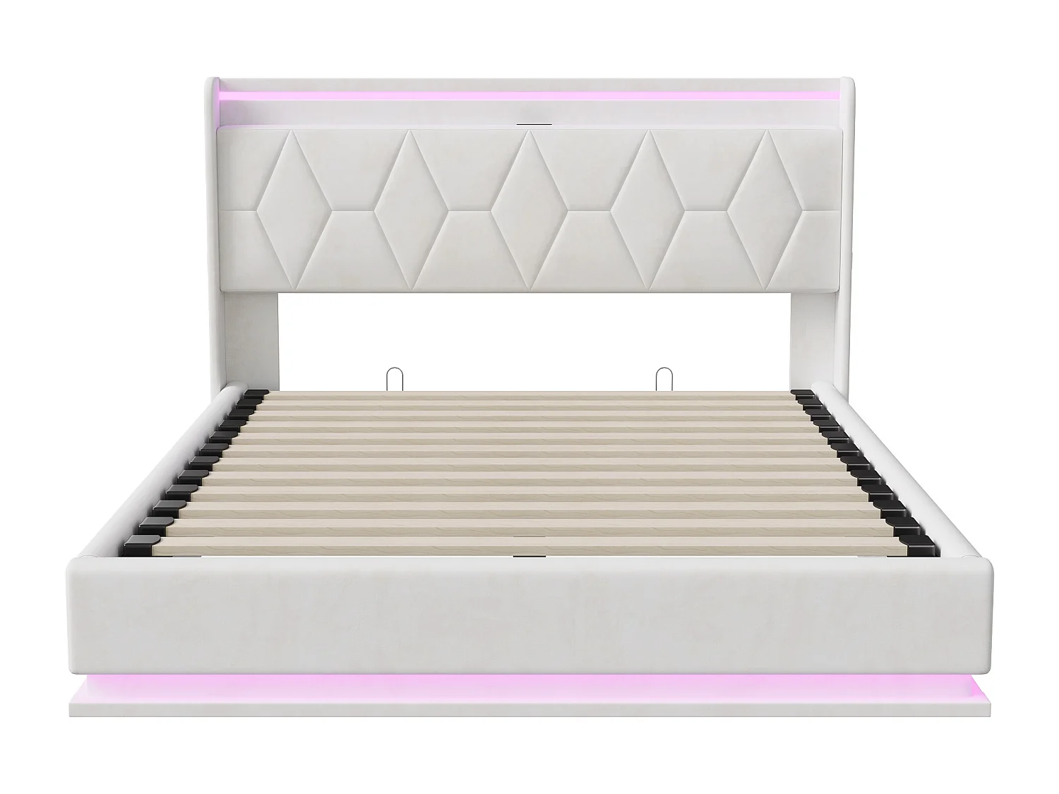Łóżko podwójne 140x200 cm białe z hydraulicznym schowkiem, regulowanymi LED i interfejsem USB, tapicerowane, rama metalowa i drewniana, bez materaca