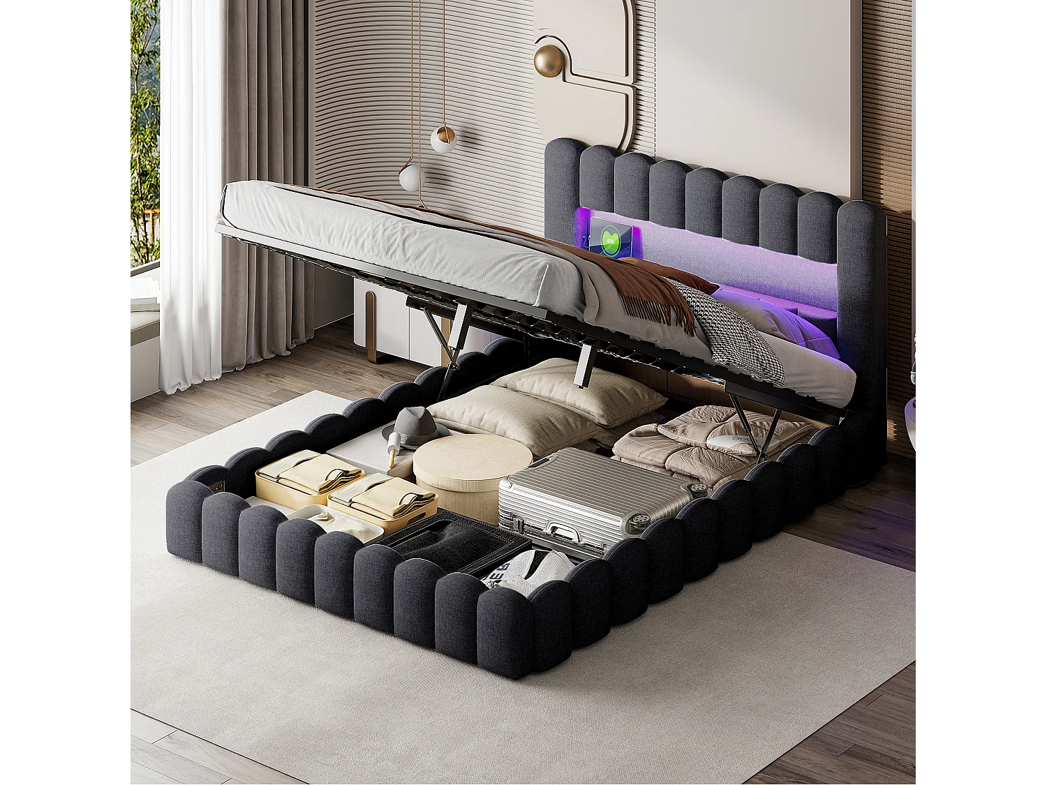 140x200cm, boîte de lit hydraulique de stockage en lin gris avec tête de port de charge LED et USB - cadre de lit double