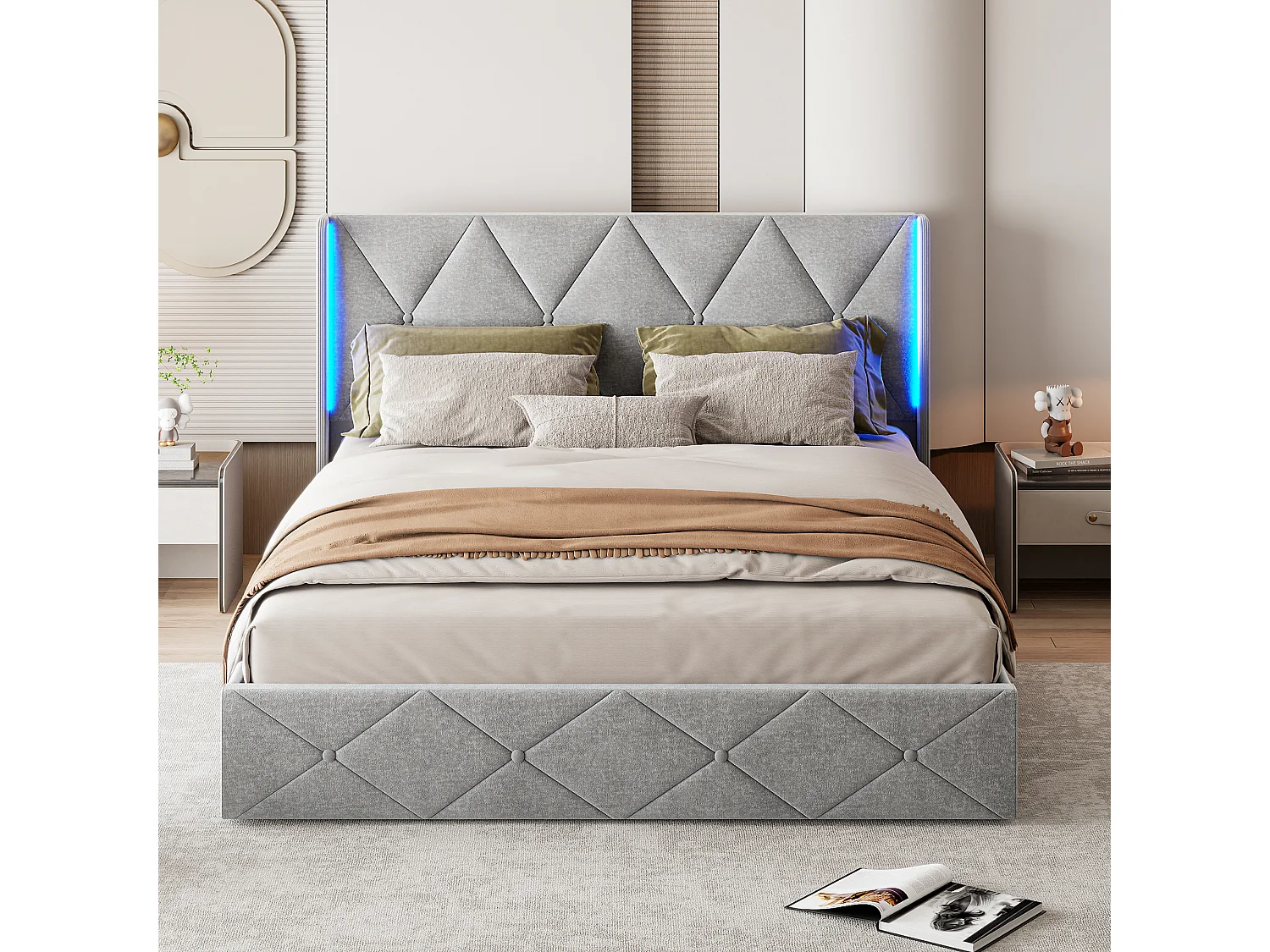 Lit hydraulique 140x200cm - Lit rembourré avec stockage sous-lit - Cabinet avec éclairage LED - Fabic velours doux - Gris