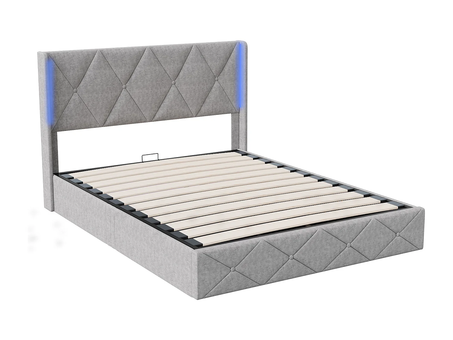 Lit hydraulique 140x200cm - Lit rembourré avec stockage sous-lit - Cabinet avec éclairage LED - Fabic velours doux - Gris