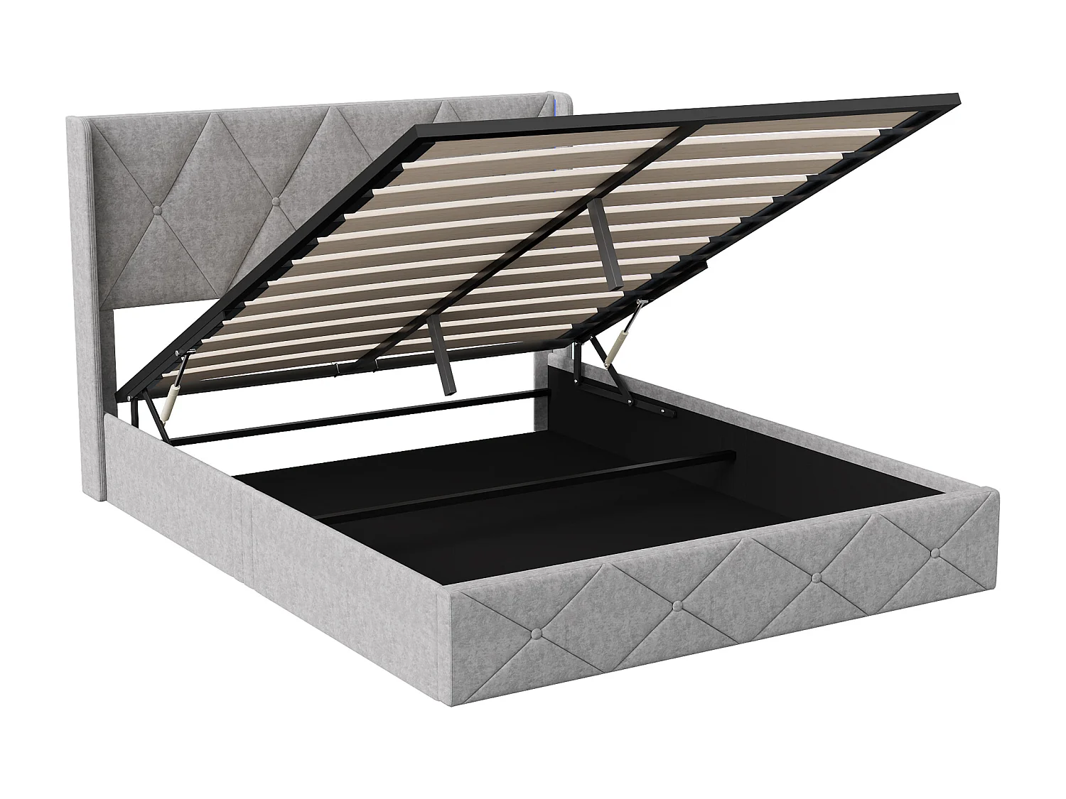 Lit hydraulique 140x200cm - Lit rembourré avec stockage sous-lit - Cabinet avec éclairage LED - Fabic velours doux - Gris