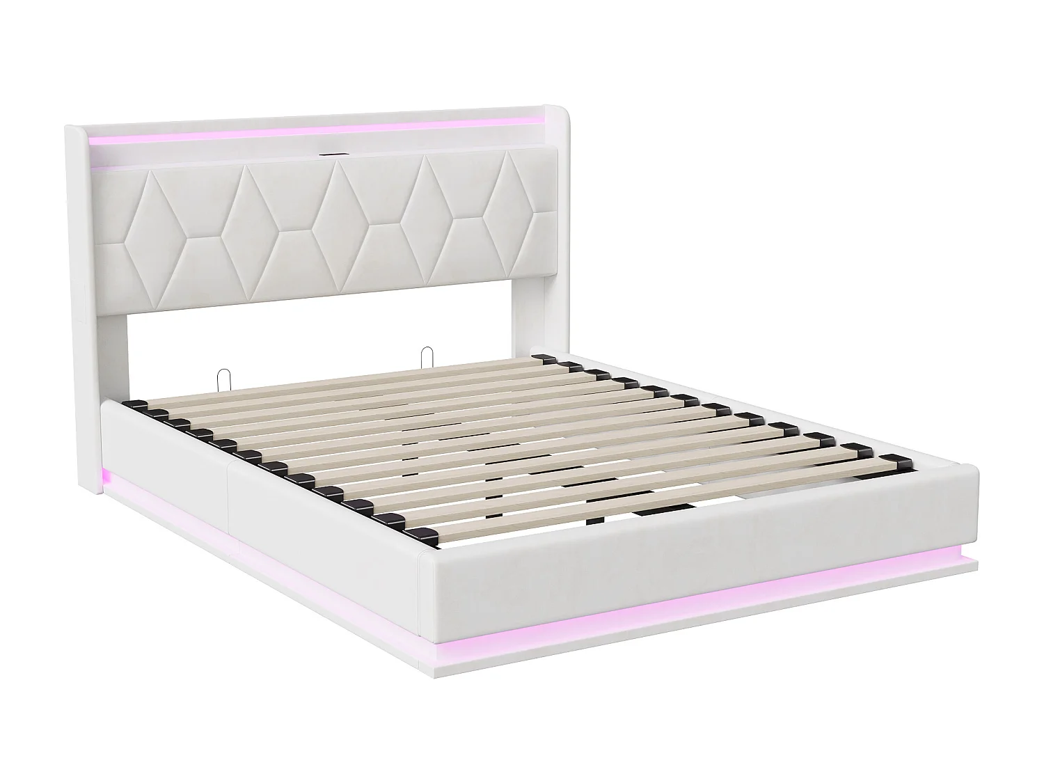 Łóżko podwójne 160x200 cm białe z hydraulicznym schowkiem, regulowanymi LED i interfejsem USB, tapicerka materiałowa, nowoczesny design bez szafki nocnej