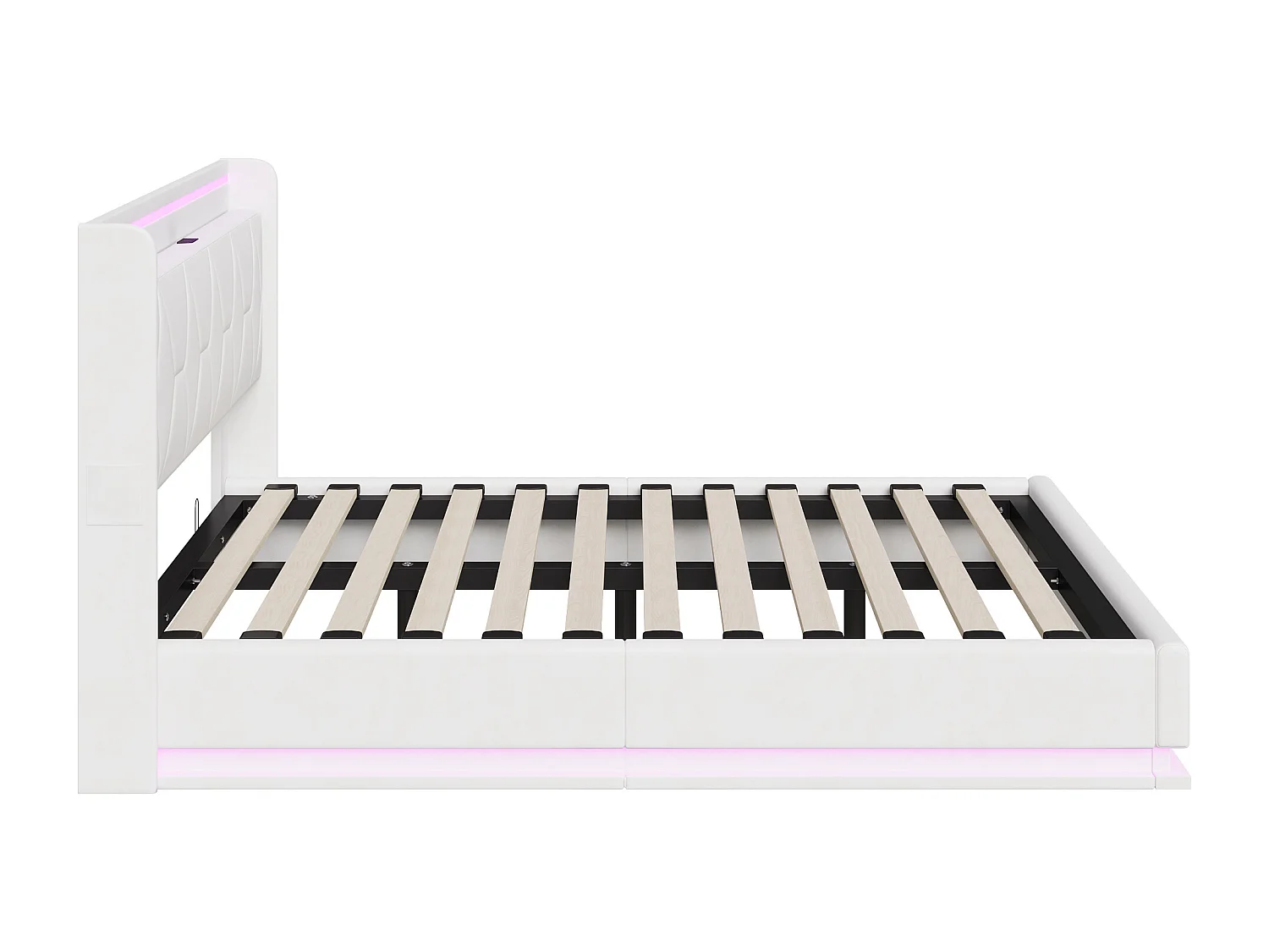 Łóżko podwójne 160x200 cm białe z hydraulicznym schowkiem, regulowanymi LED i interfejsem USB, tapicerka materiałowa, nowoczesny design bez szafki nocnej