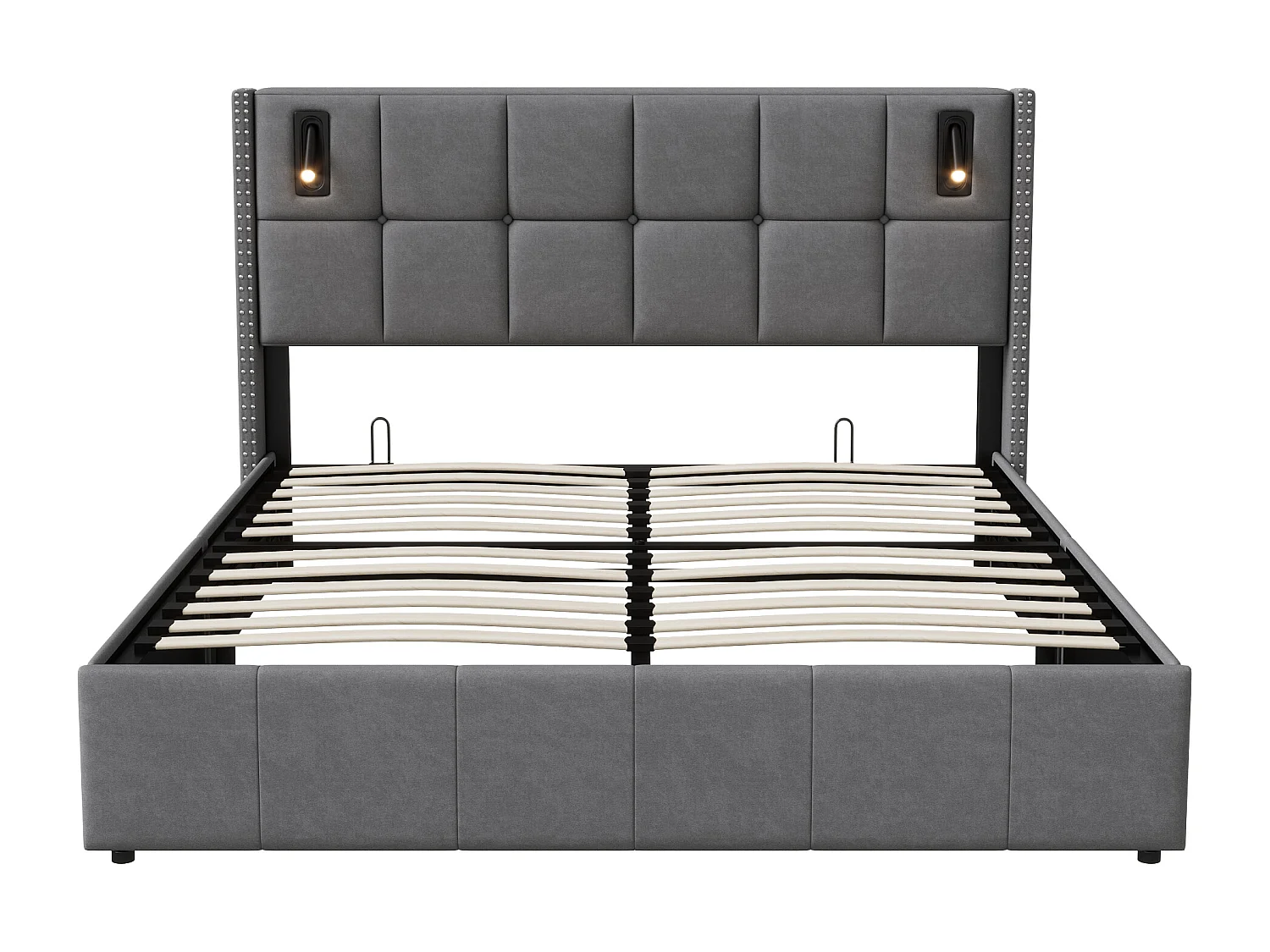 Tapicerowane łóżko welurowe szare 160x200 cm z hydraulicznym schowkiem, lampkami do czytania i portem USB, rama podwójna dla dorosłych