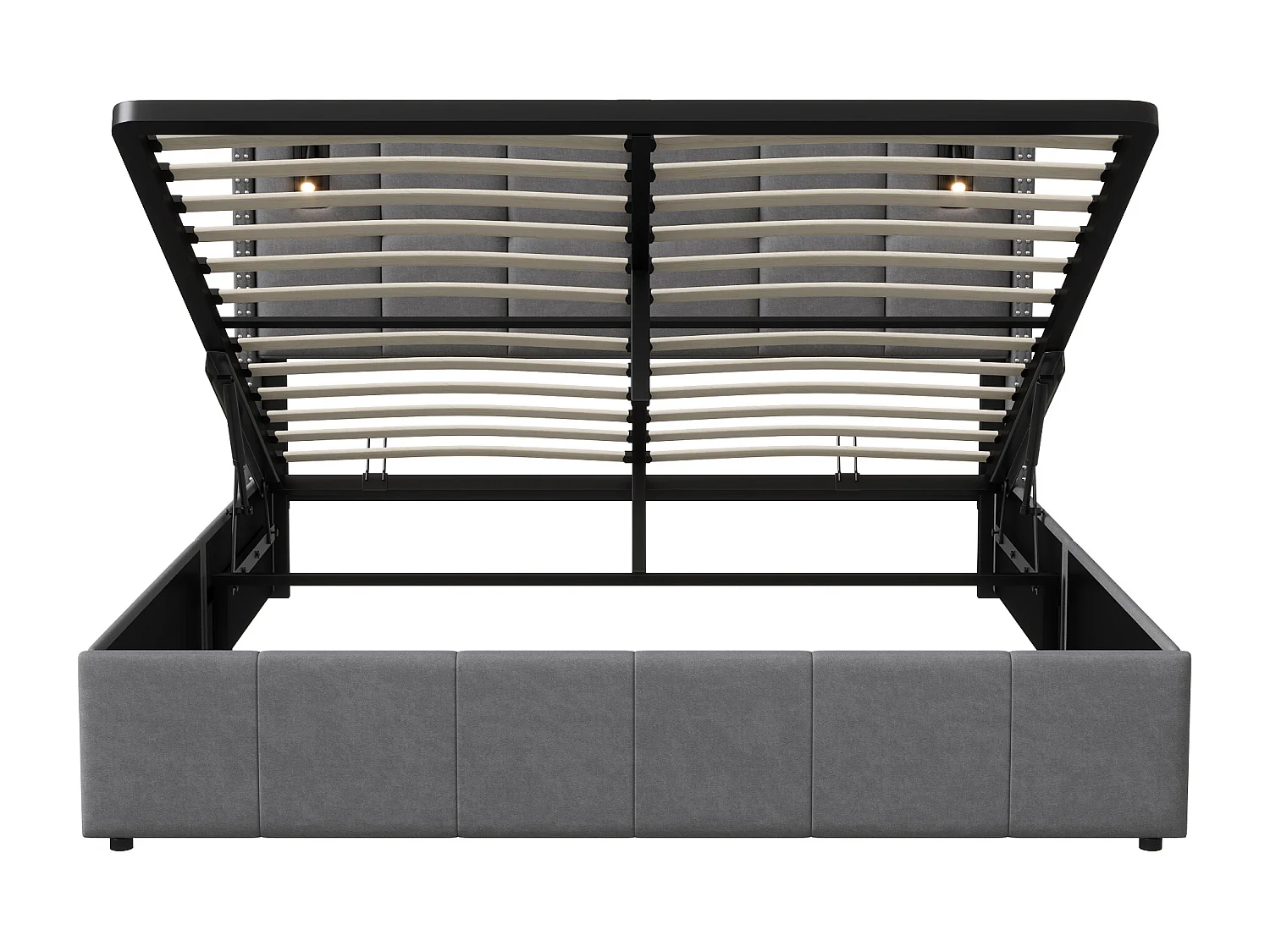 Tapicerowane łóżko welurowe szare 160x200 cm z hydraulicznym schowkiem, lampkami do czytania i portem USB, rama podwójna dla dorosłych