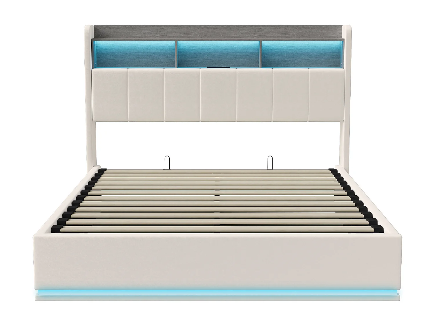 Łóżko podwójne 140x200 cm białe z hydraulicznym schowkiem, wbudowanym oświetleniem LED i stacją ładowania USB, nowoczesny design