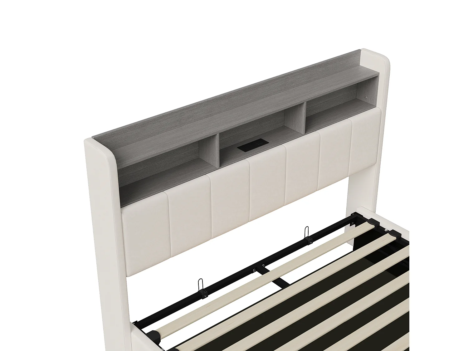 Łóżko podwójne 140x200 cm białe z hydraulicznym schowkiem, wbudowanym oświetleniem LED i stacją ładowania USB, nowoczesny design