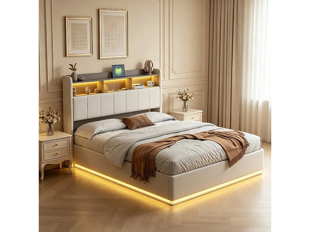 Lit rembourré 140 x 200 cm - Lit de rangement avec LED et USB - Lit double hydraulique avec tête et base à lames - Sans matelas -Velvet - blanc