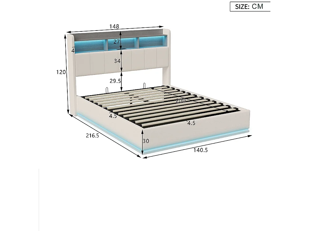 Lit rembourré 140 x 200 cm - Lit de rangement avec LED et USB - Lit double hydraulique avec tête et base à lames - Sans matelas -Velvet - blanc