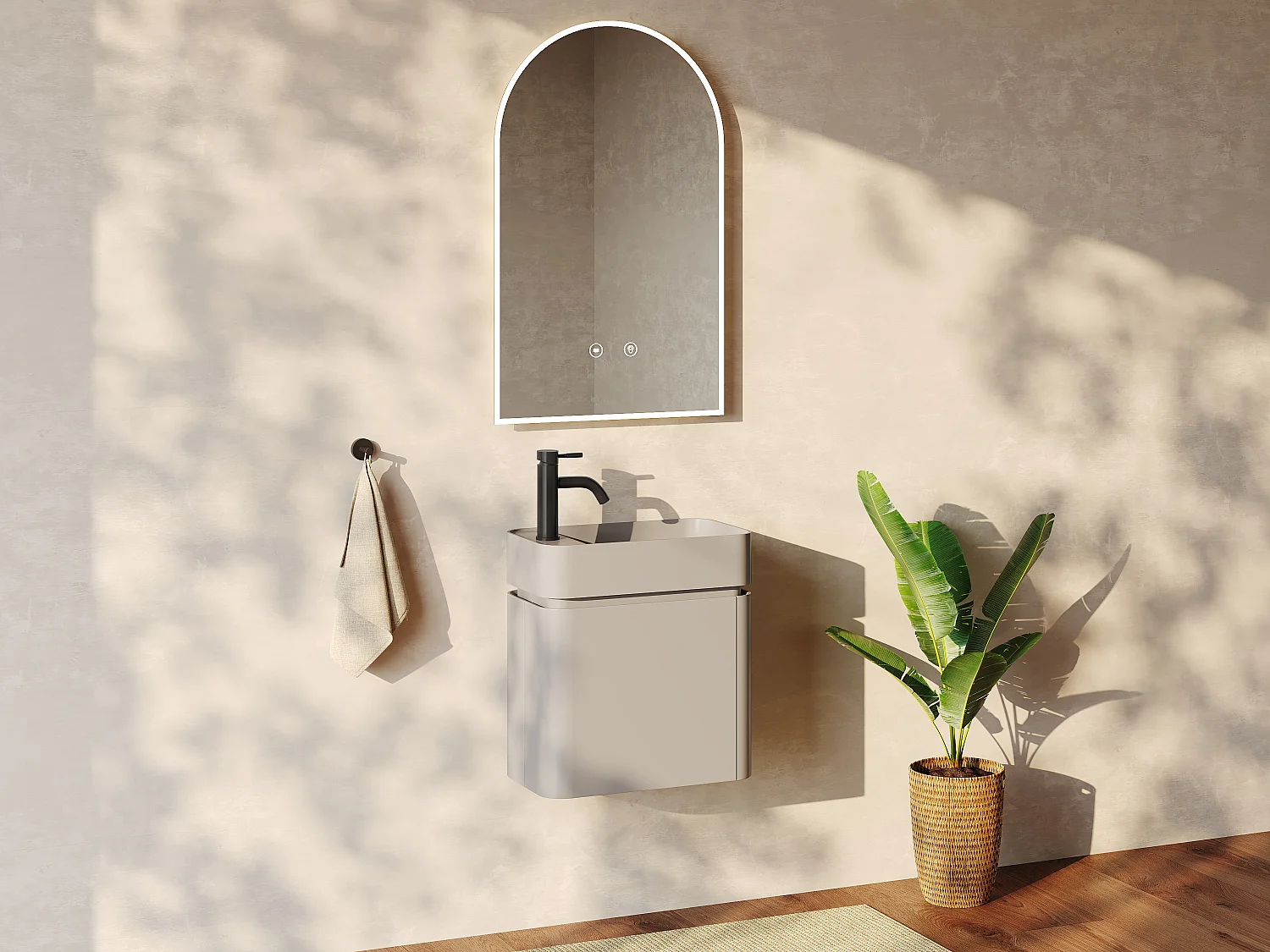 Meuble lave main suspendu avec vasque à encastrer, robinet et miroir - Beige mat - 45 x 25 x 48 cm - JONSA