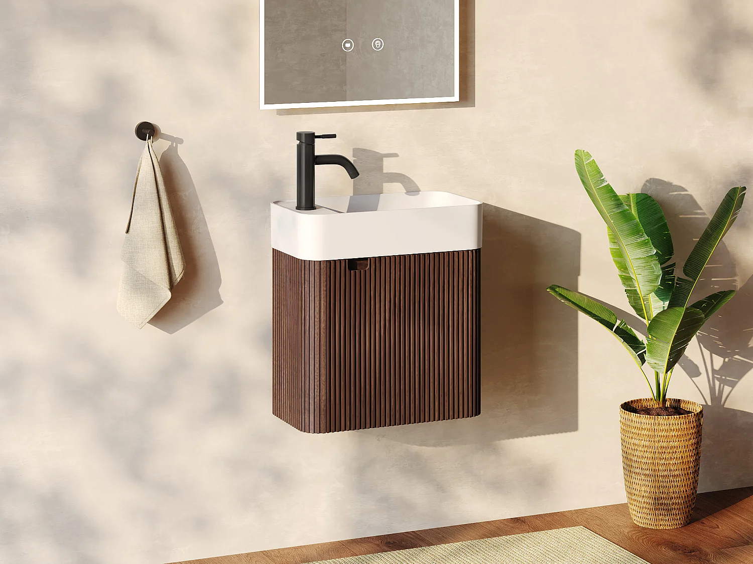 Móvel de lavatório suspenso estriado em madeira de freixo com com lavatório de encastrar e torneira - Natural escuro - 45 x 25 x 48 cm - JONSA