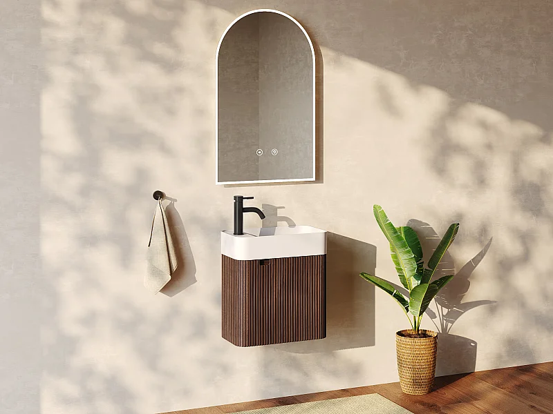 Móvel de lavatório suspenso estriado em madeira de freixo com com lavatório de encastrar e torneira - Natural escuro - 45 x 25 x 48 cm - JONSA