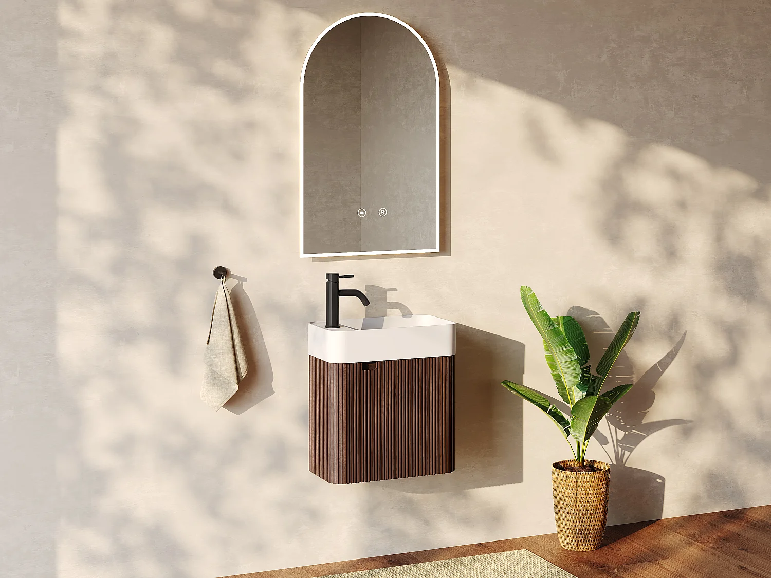 Meuble lave main suspendu strié en bois de frêne avec vasque à encastrer, robinet et miroir - Naturel foncé - 45 x 25 x 48 cm - JONSA