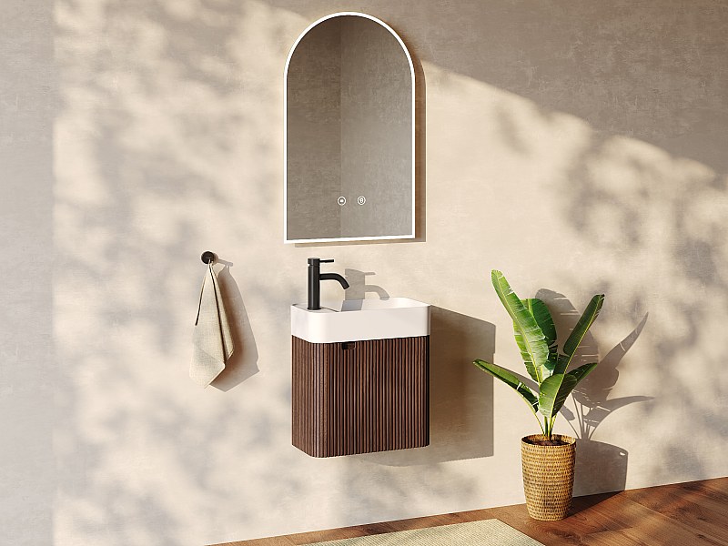 Meuble lave main suspendu avec vasque, robinet et miroir, naturel foncé ...