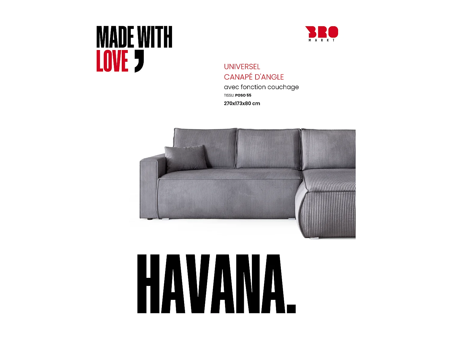 Canapé d'angle convertible, en velours côtelé HAVANA Gris Clair