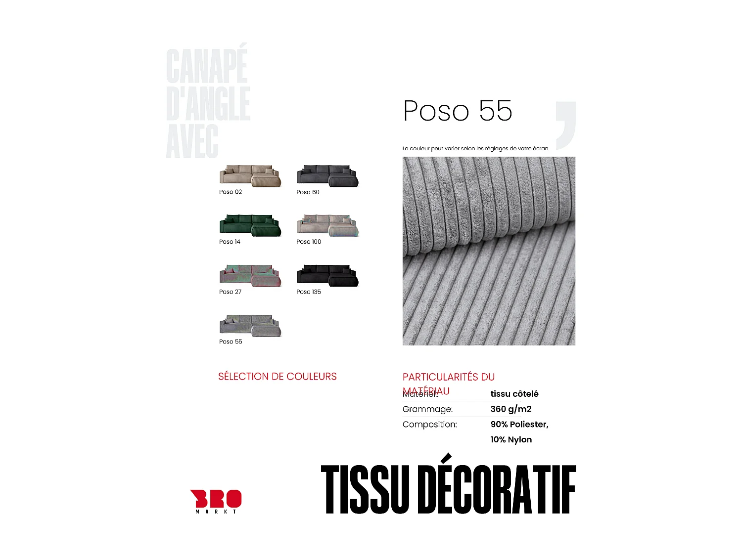 Canapé d'angle convertible, en velours côtelé HAVANA Gris Clair