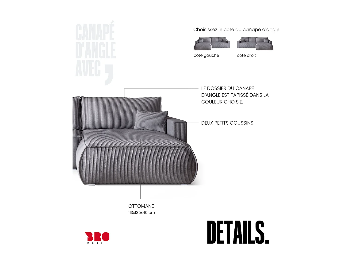 Canapé d'angle convertible, en velours côtelé HAVANA Gris Clair