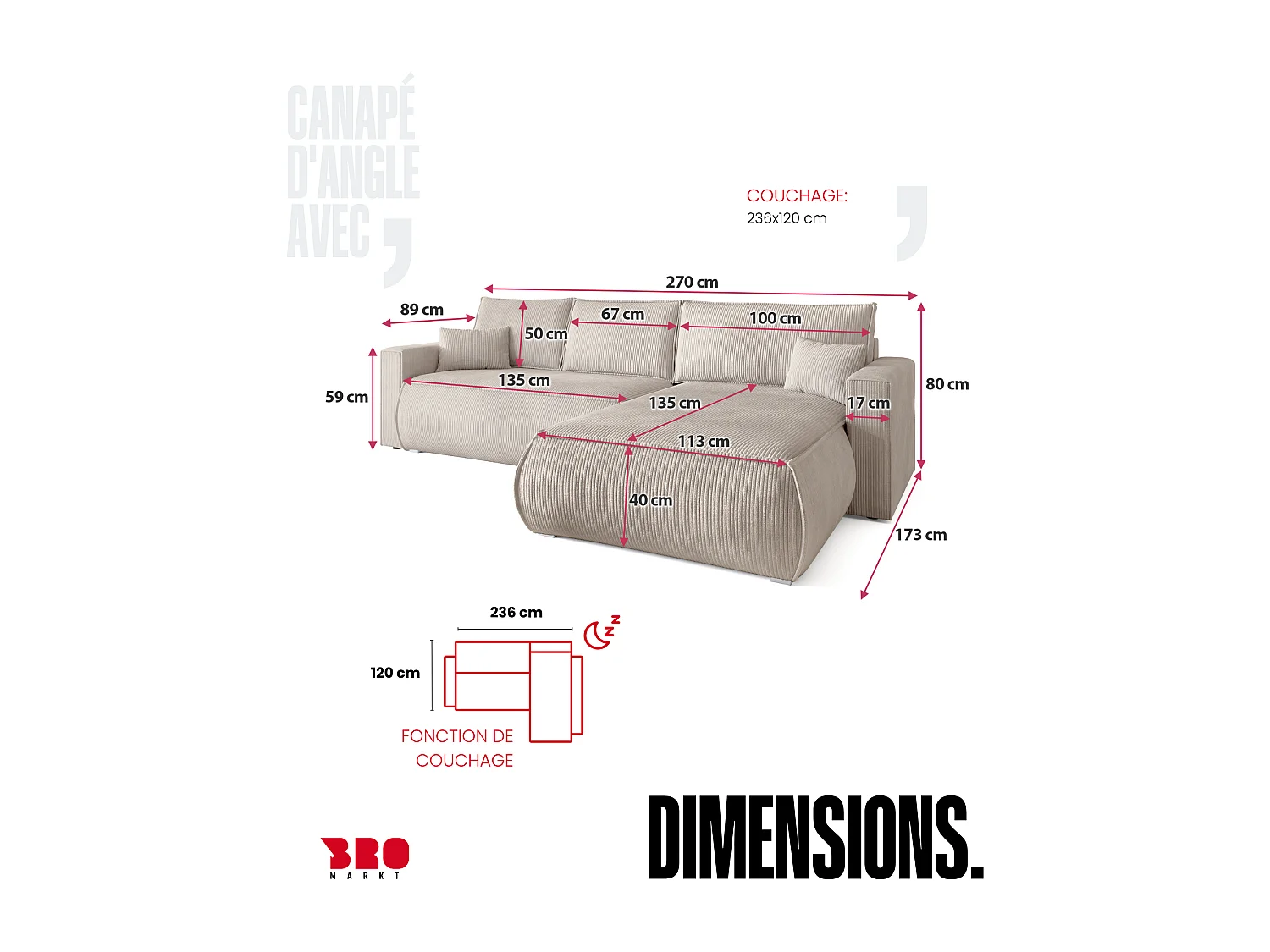 Canapé d'angle convertible, en velours côtelé HAVANA Gris Clair