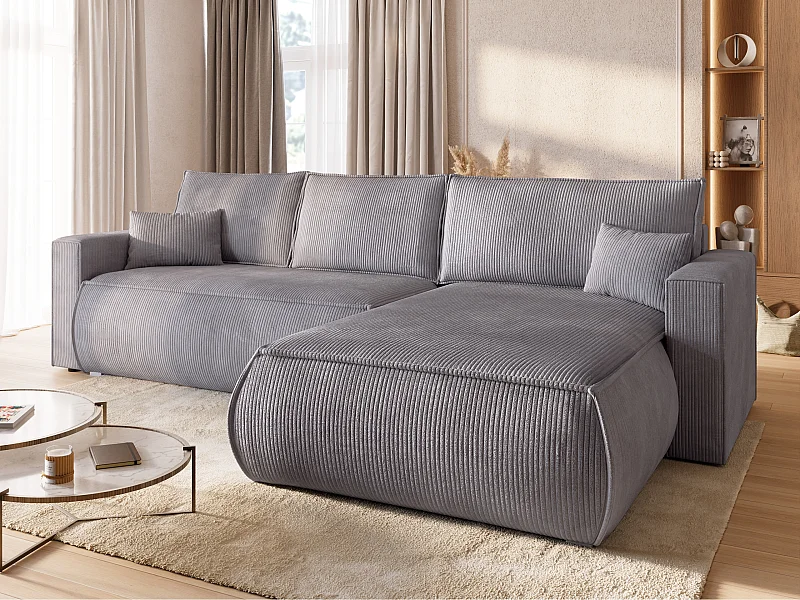 Canapé d'angle convertible, en velours côtelé HAVANA Gris Clair