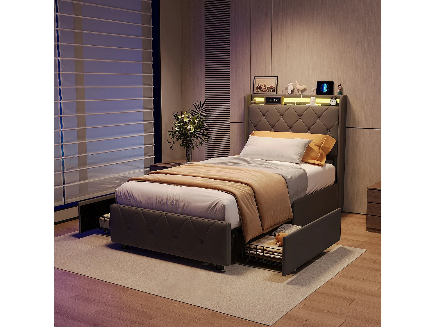 Łóżko 90x200 cm z 2 szufladami, oświetleniem LED, szafkami nocnymi ze schowkiem, otwartymi przegrodami, podstawą z listew, ładowarkami USB i typu C - Szare