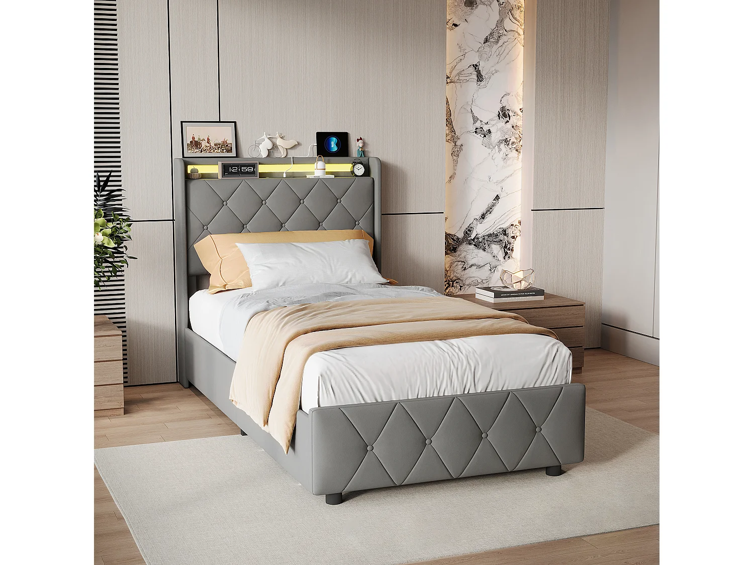 Łóżko 90x200 cm z 2 szufladami, oświetleniem LED, szafkami nocnymi ze schowkiem, otwartymi przegrodami, podstawą z listew, ładowarkami USB i typu C - Szare