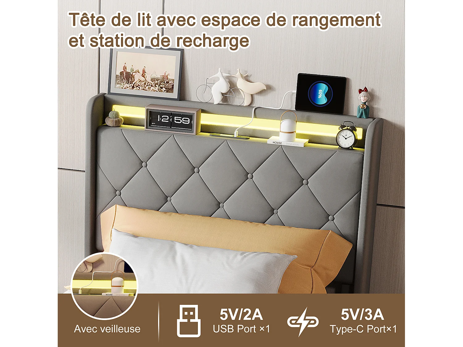 Lit 90x200 cm avec 2 tiroirs, éclairage LED, tables de chevet rangement, cloisons ouvertes, sommier à lattes, chargeurs USB & Type-C - Gris