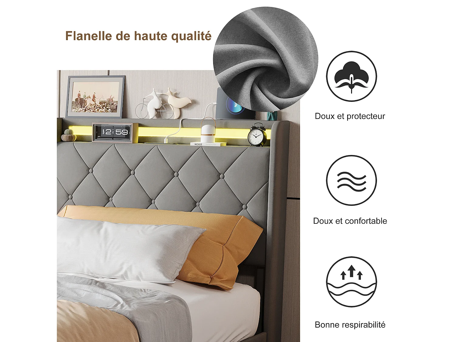 Lit 90x200 cm avec 2 tiroirs, éclairage LED, tables de chevet rangement, cloisons ouvertes, sommier à lattes, chargeurs USB & Type-C - Gris