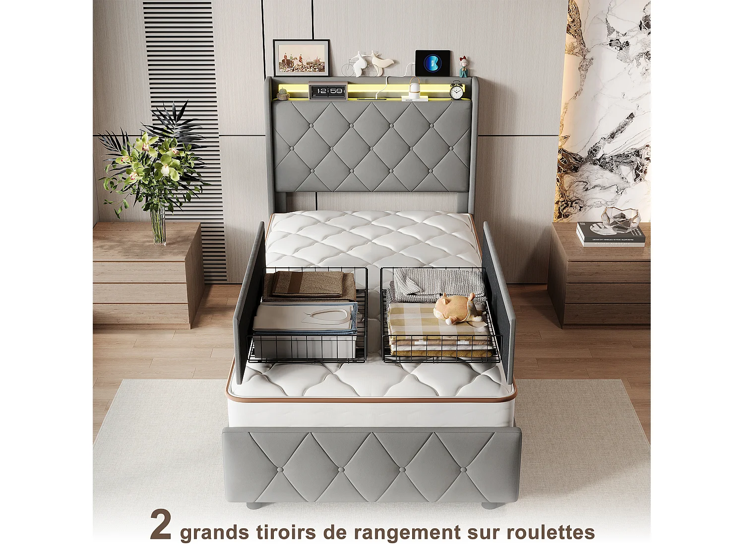 Lit 90x200 cm avec 2 tiroirs, éclairage LED, tables de chevet rangement, cloisons ouvertes, sommier à lattes, chargeurs USB & Type-C - Gris