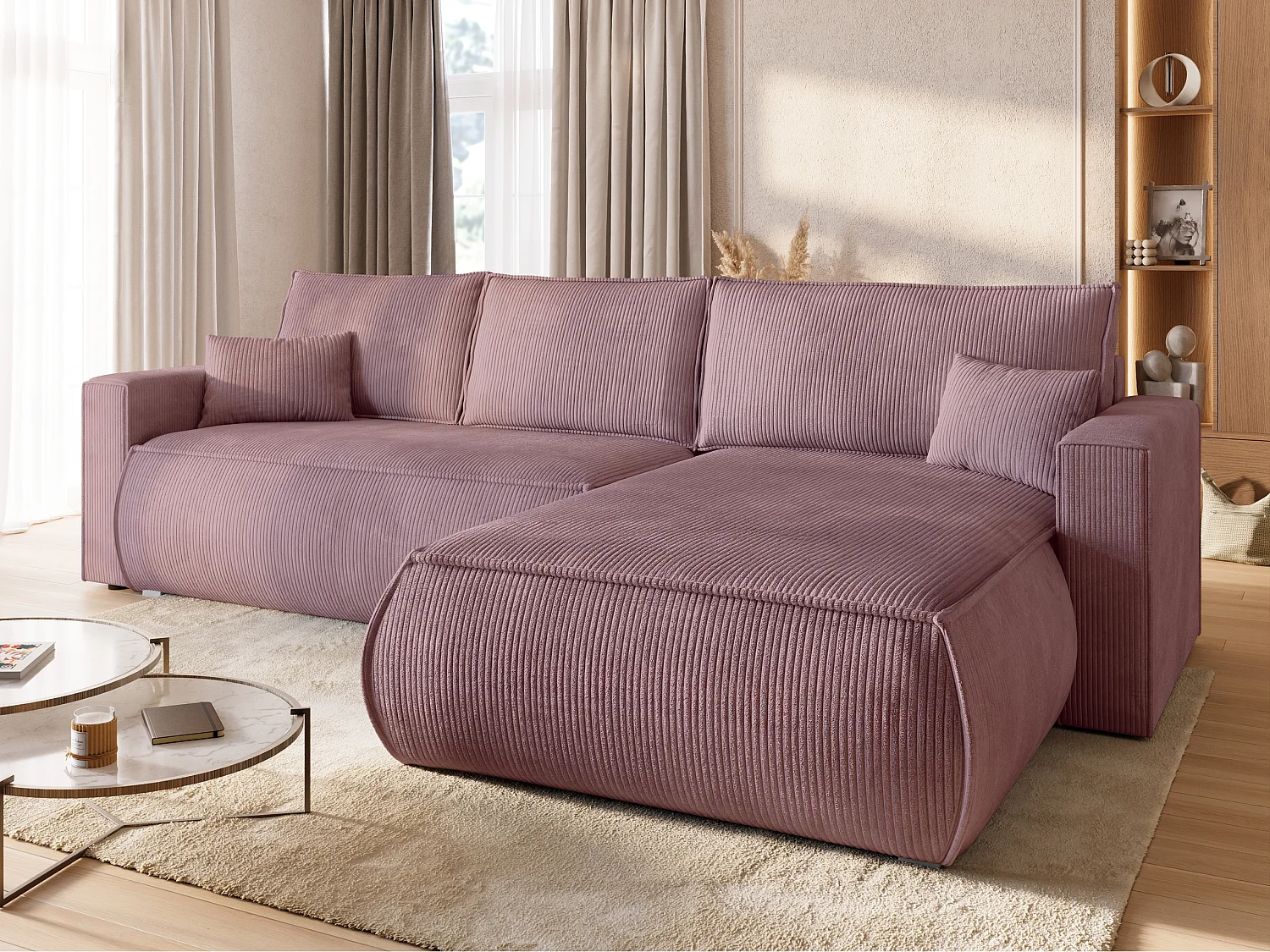 Canapé d'angle convertible, en velours côtelé HAVANA Rose poudré