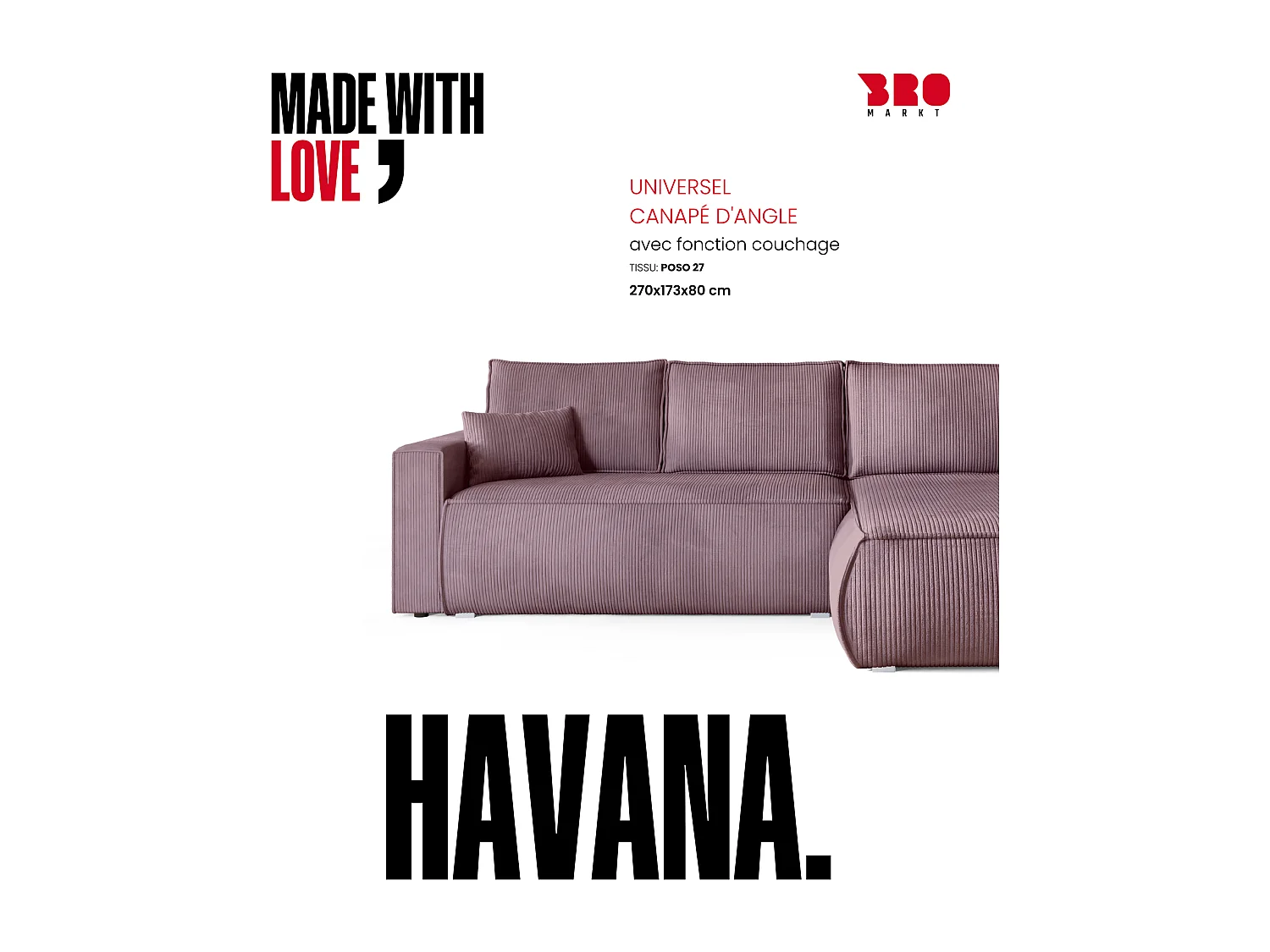 Canapé d'angle convertible, en velours côtelé HAVANA Rose poudré